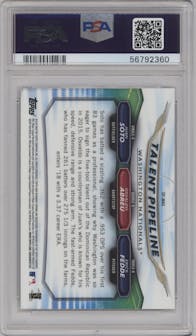 Juan Soto/Osvaldo Abreu/Erick Fedde from the 2018 Bowman set graded by PSA and given an overall grade of 10.