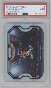 LeBron James from the 2020-21 Panini Prizm set featuring a Silver Prizm parallel graded by PSA and given an overall grade of 9.