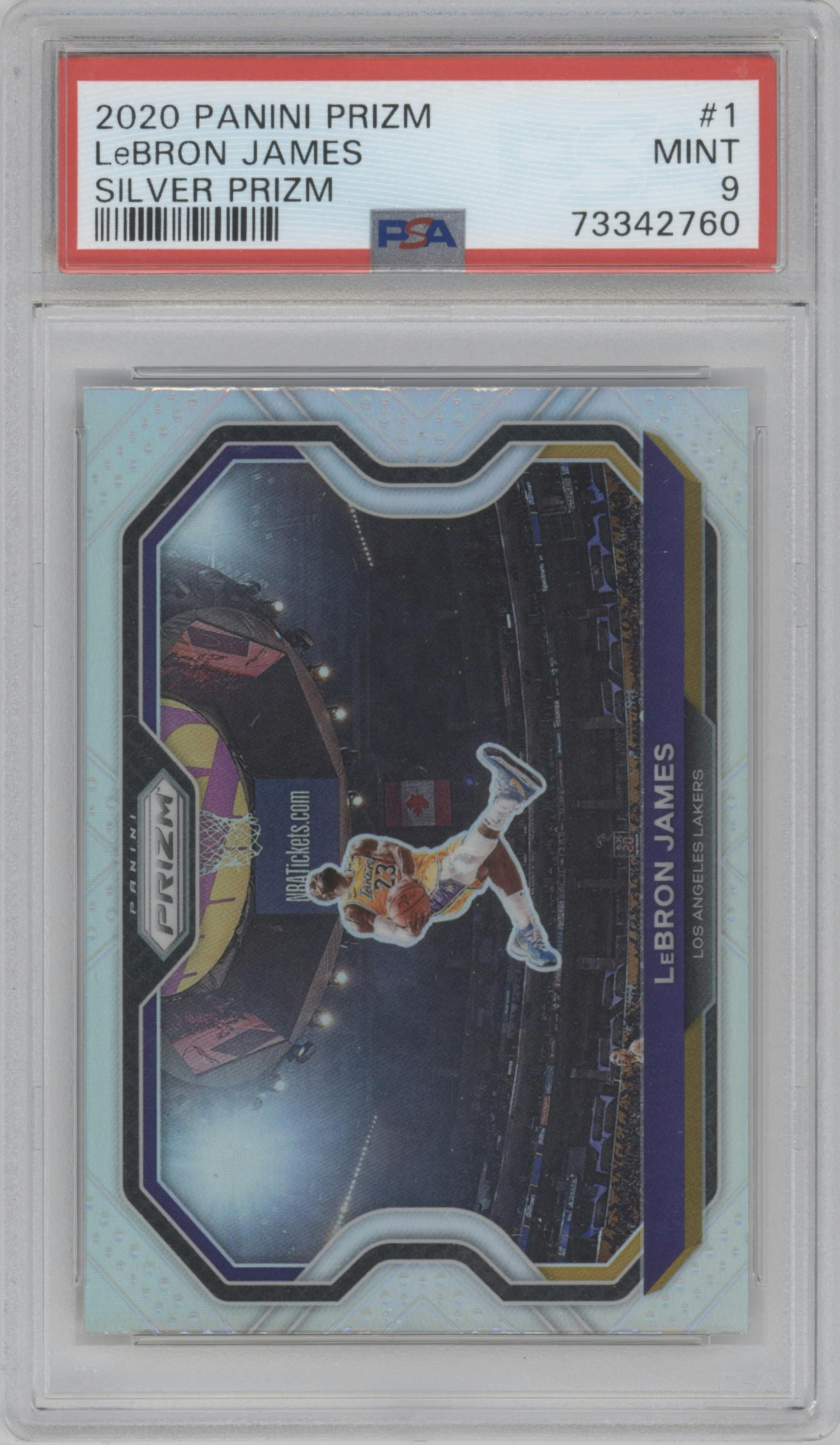 LeBron James from the 2020-21 Panini Prizm set featuring a Silver Prizm parallel graded by PSA and given an overall grade of 9.