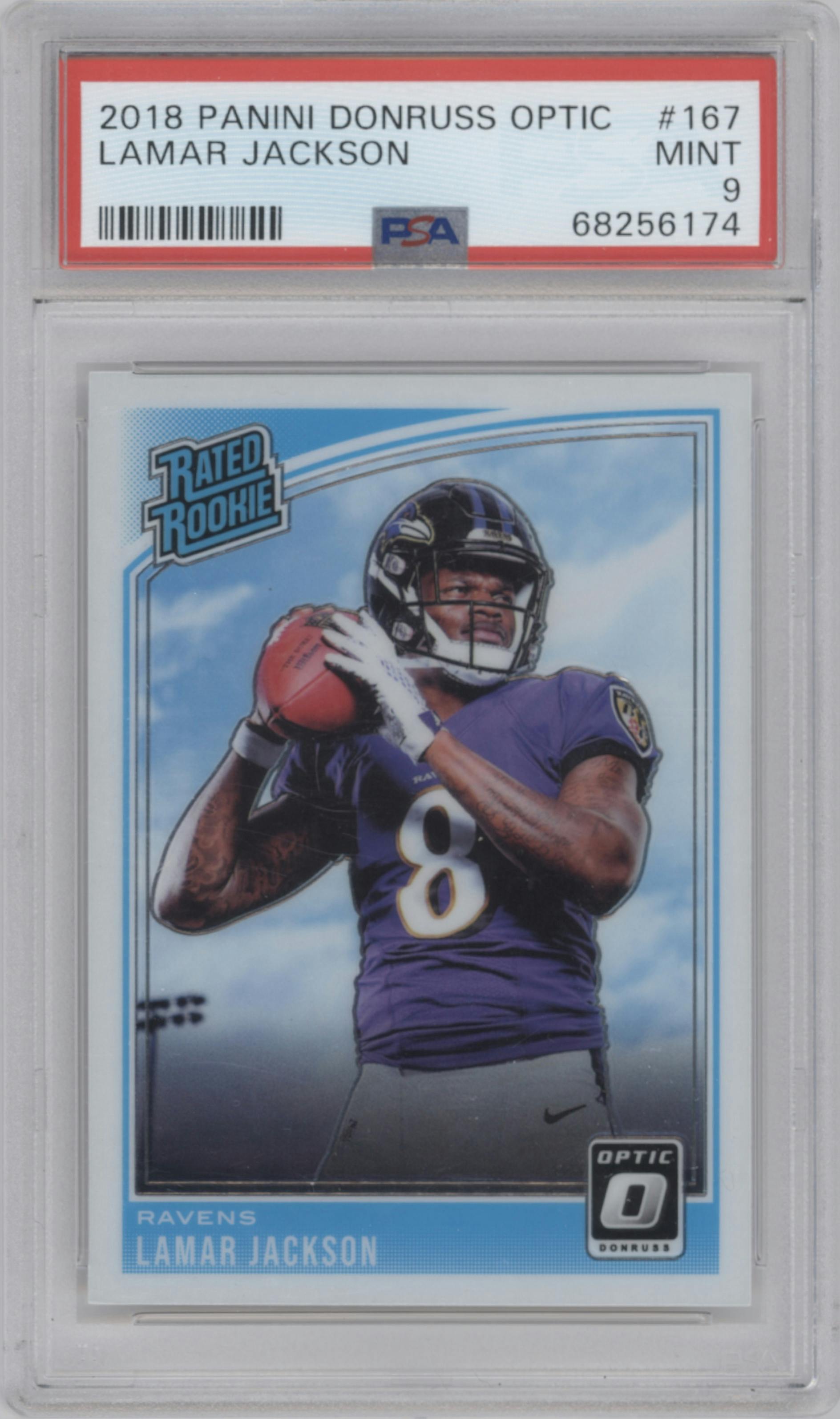 Lamar Jackson from the 2018 Panini Donruss Optic set graded by PSA and given an overall grade of 9.