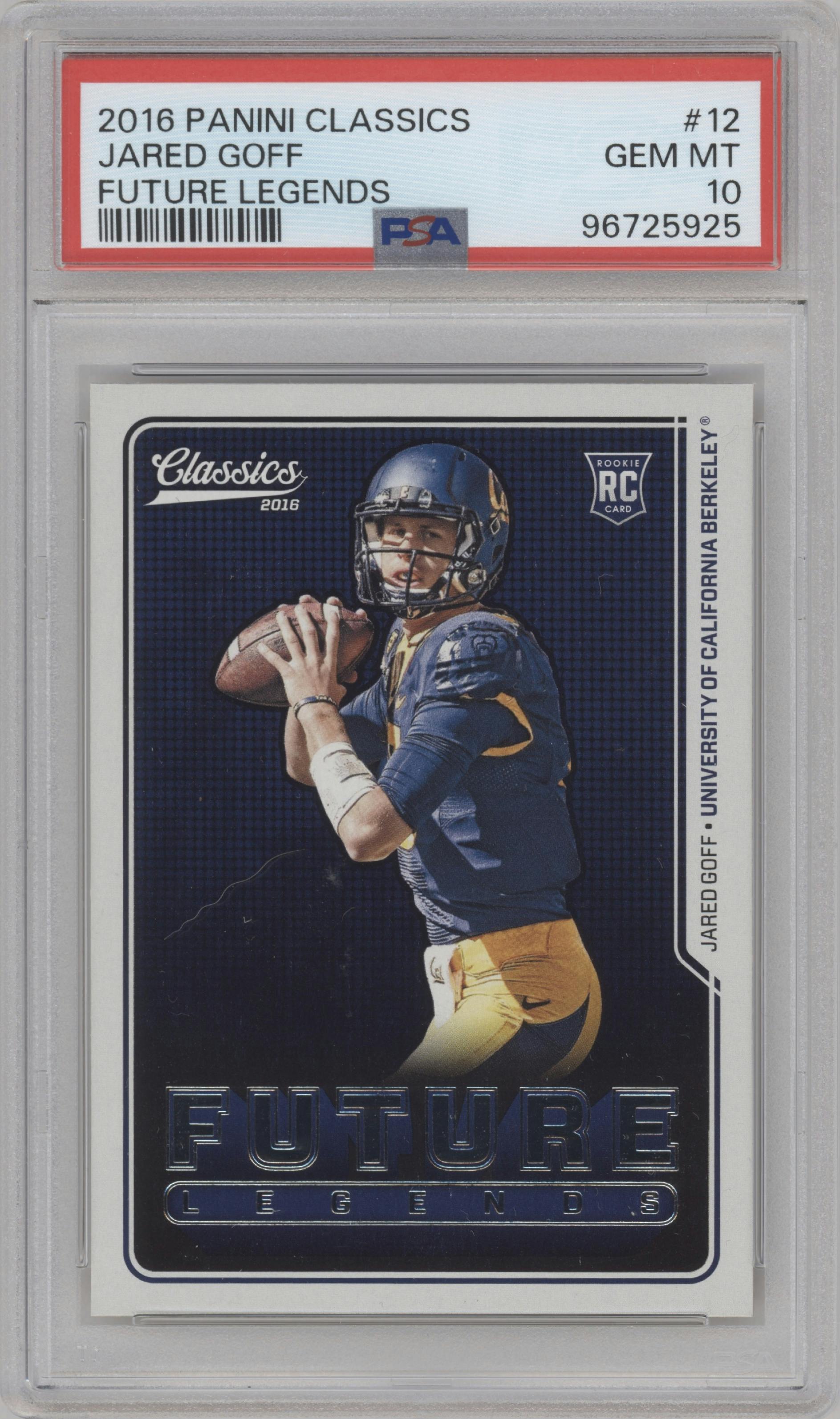 Jared Goff from the 2016 Panini Classics   set graded by PSA and given an overall grade of 10.