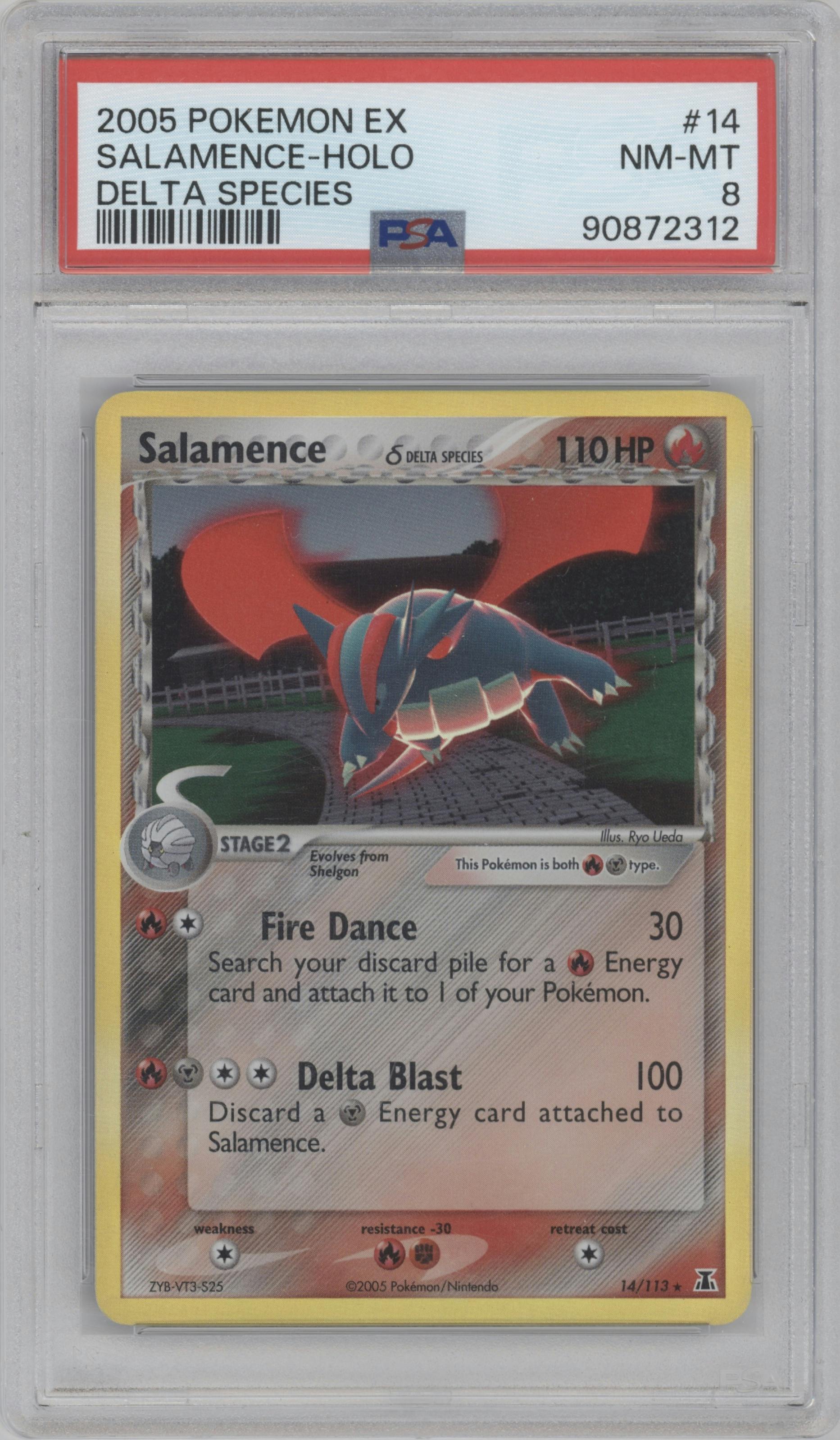 Salamence from the 2005 Pokemon EX set graded by PSA and given an overall grade of 8.