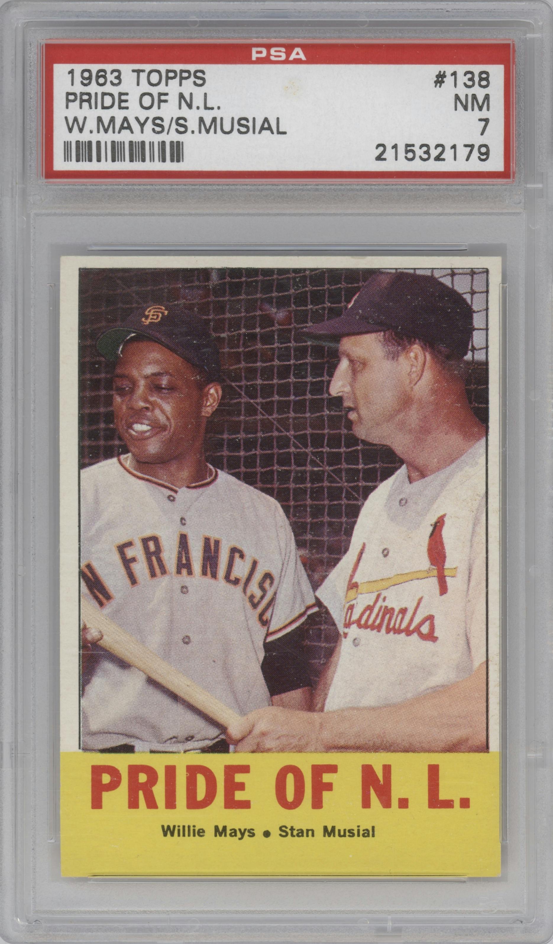 Willie Mays/Stan Musial from the 1963 Topps set graded by PSA and given an overall grade of 7.