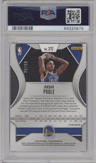 Jordan Poole from the 2019-20 Panini Prizm set featuring a Blue Ice parallel graded by PSA and given an overall grade of 10.