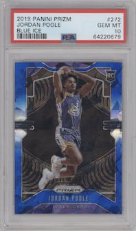Jordan Poole from the 2019-20 Panini Prizm set featuring a Blue Ice parallel graded by PSA and given an overall grade of 10.