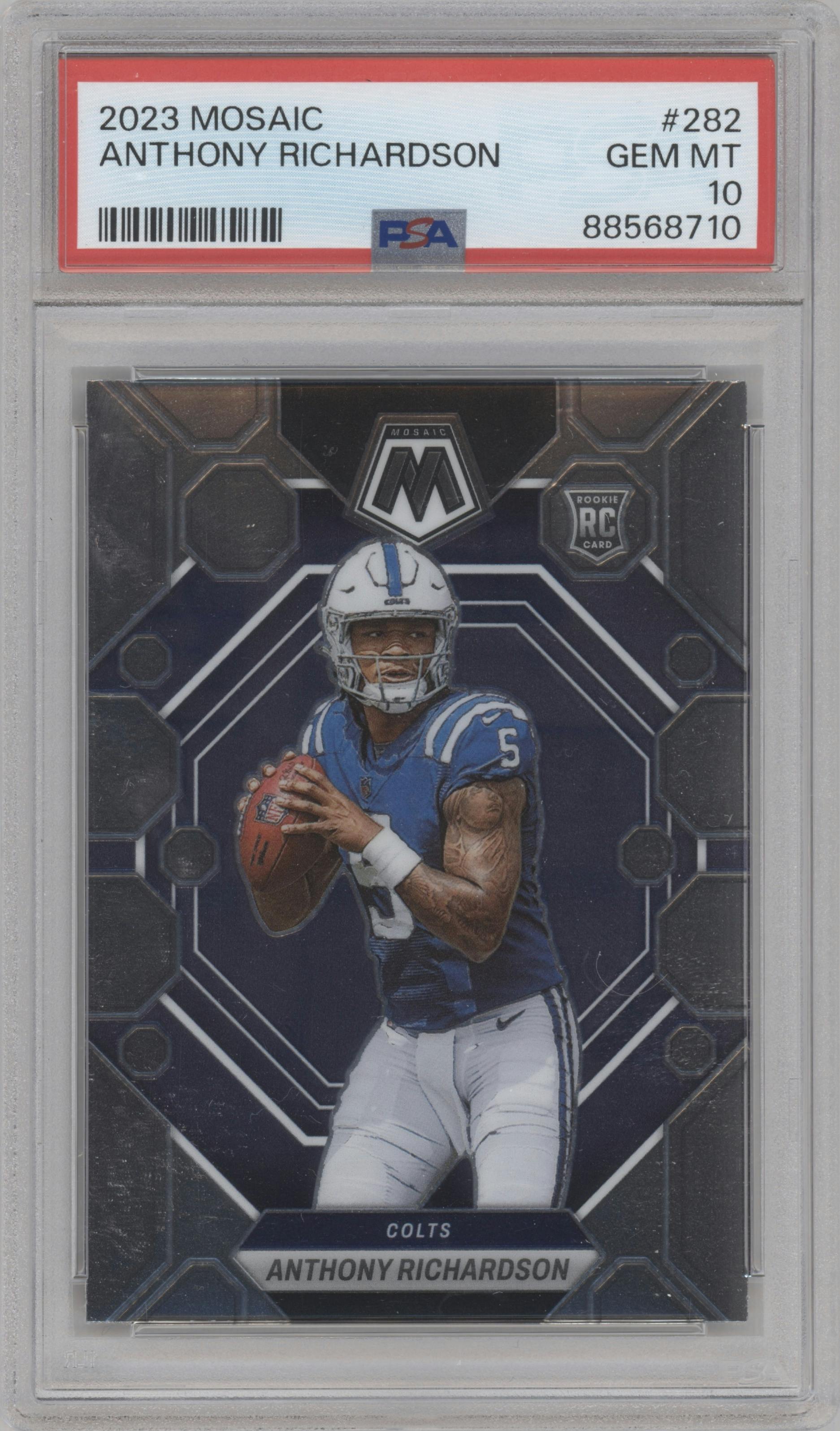 Anthony Richardson from the 2023 Panini Mosaic set graded by PSA and given an overall grade of 10.