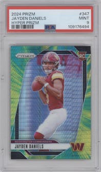 Jayden Daniels from the 2024 Panini Prizm set featuring a Hyper parallel graded by PSA and given an overall grade of 9.