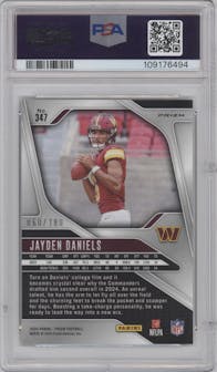 Jayden Daniels from the 2024 Panini Prizm set featuring a Hyper parallel graded by PSA and given an overall grade of 9.