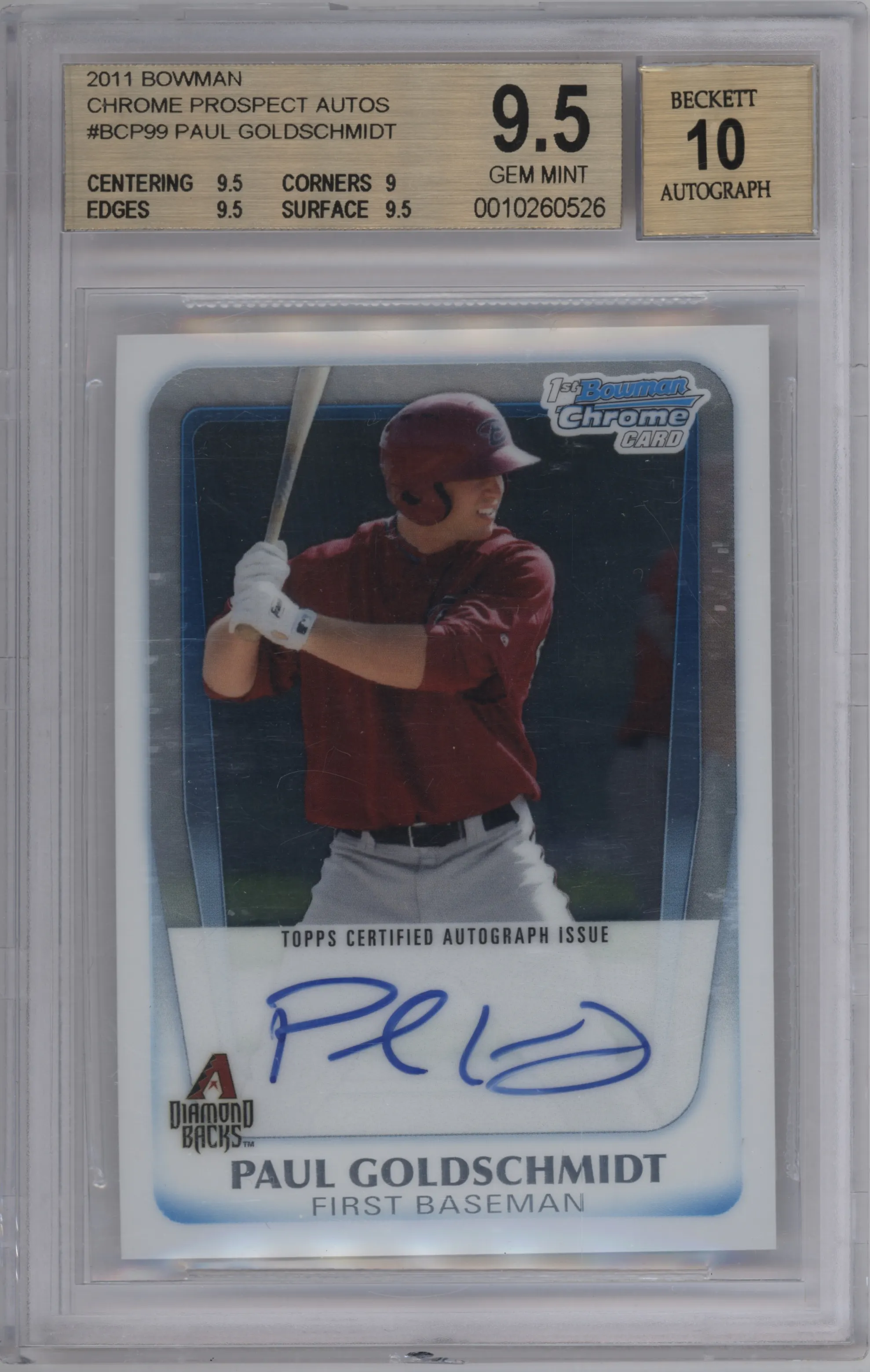 2011 Bowman Chr.Pros.Auto Paul Goldschmidt #BCP99 BGS 9.5