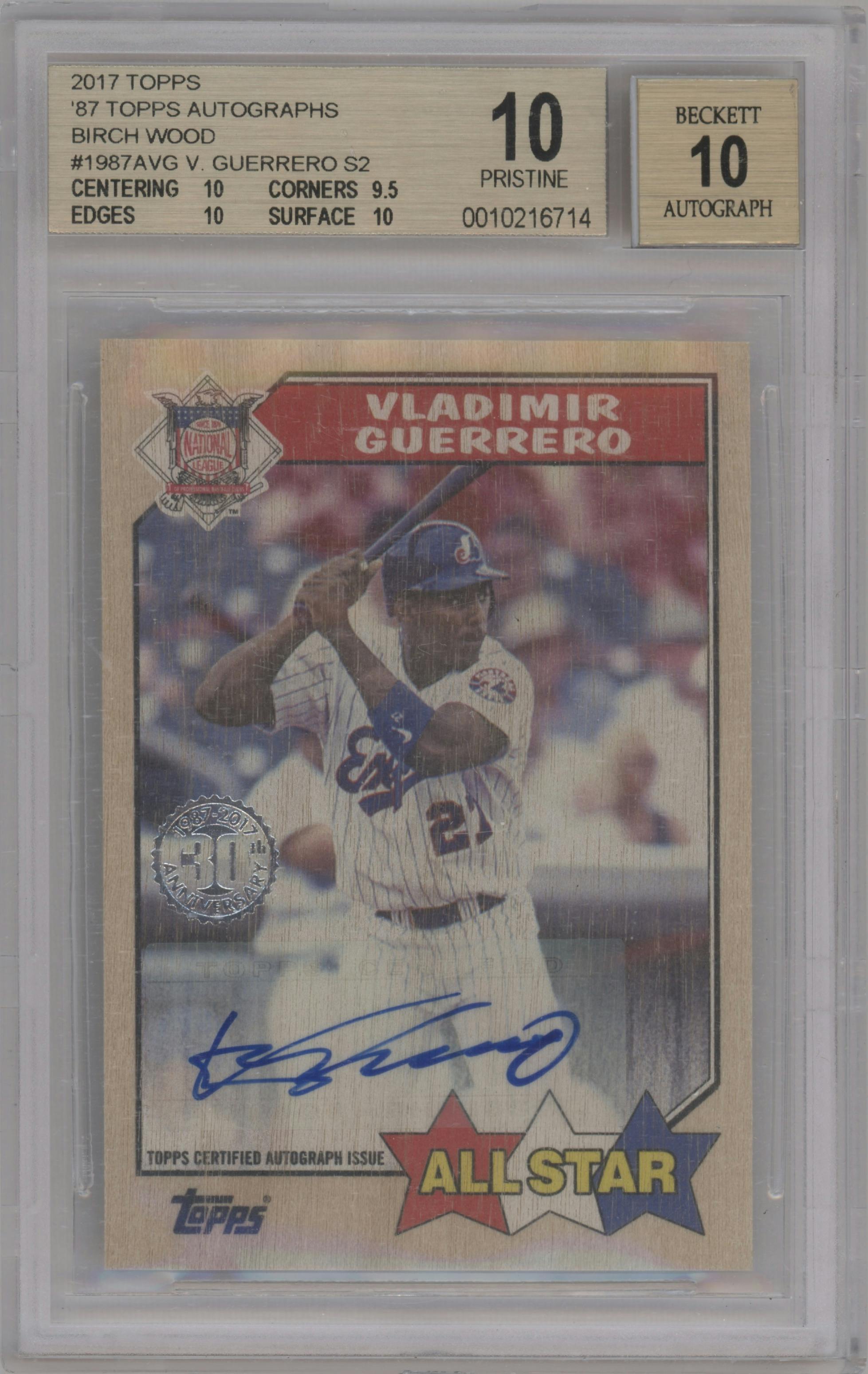 Vladimir Guerrero from the 2017 Topps Series 2 set featuring a Birch Wood parallel graded by Beckett and given an overall grade of 10.