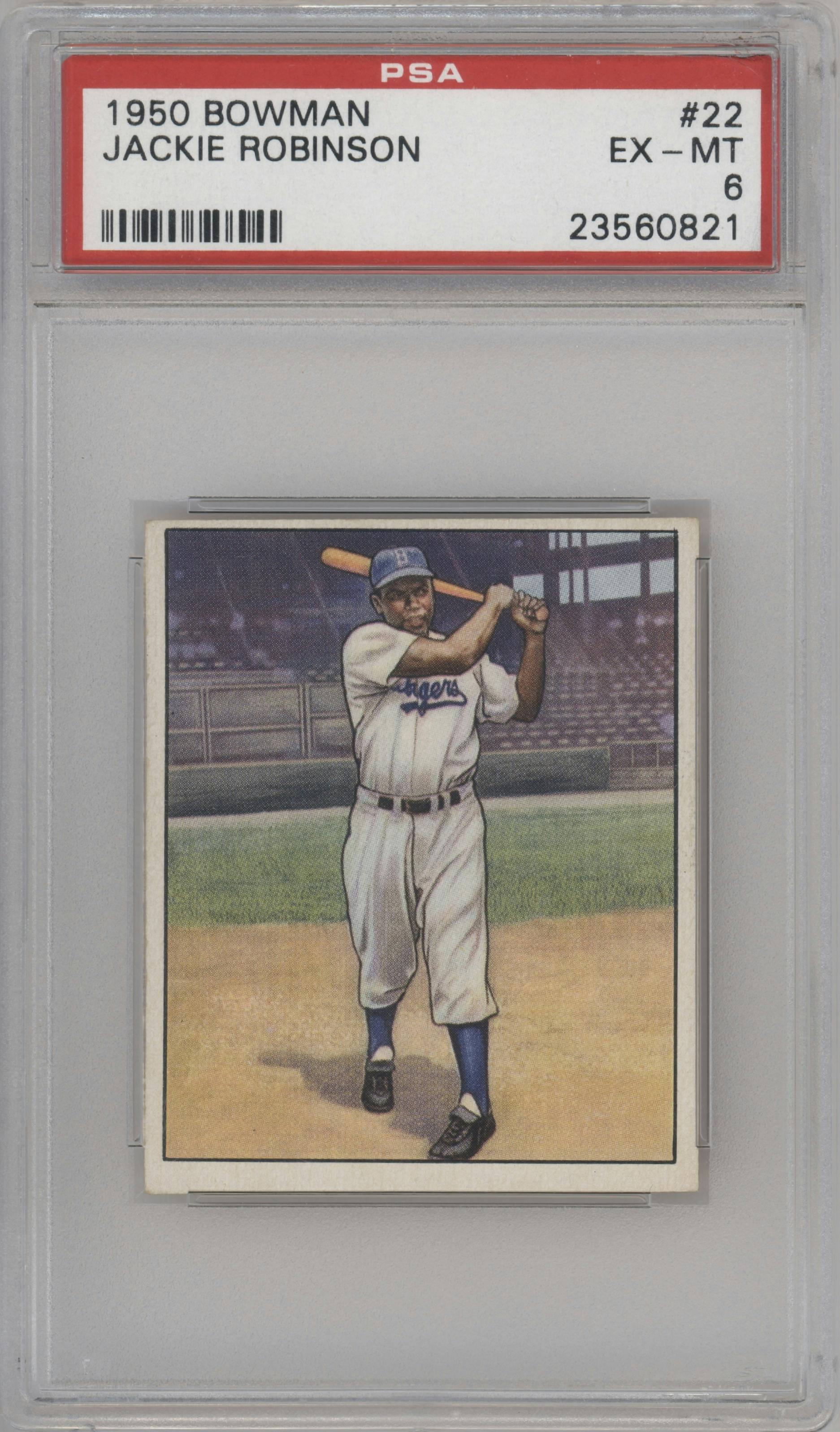 Jackie Robinson from the 1950 Bowman set graded by PSA and given an overall grade of 6.