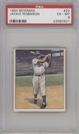 Jackie Robinson from the 1950 Bowman set graded by PSA and given an overall grade of 6.