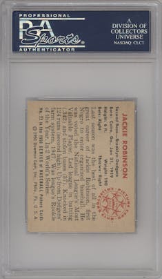 Jackie Robinson from the 1950 Bowman set graded by PSA and given an overall grade of 6.