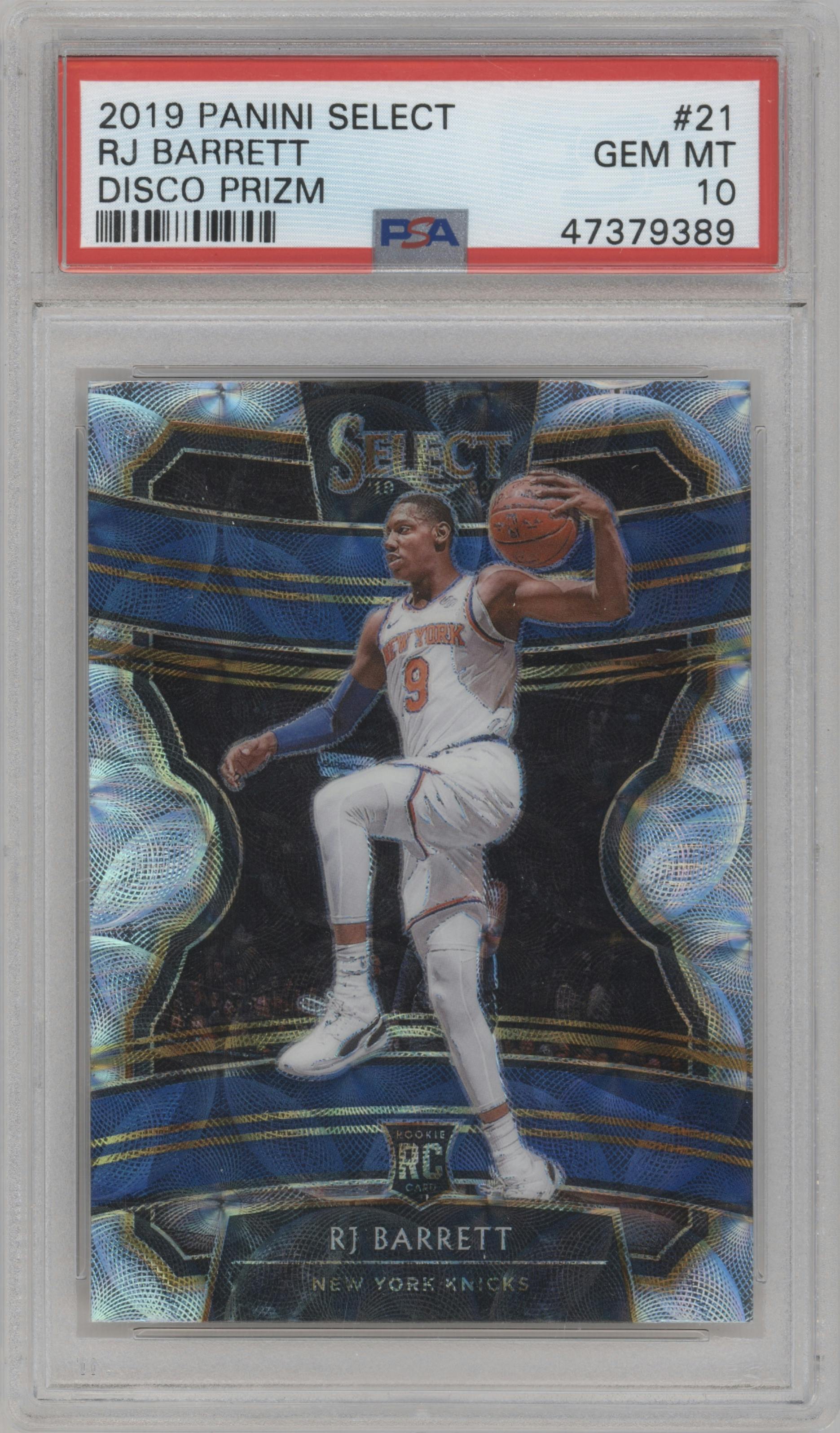 RJ Barrett from the 2019-20 Panini Select set featuring a Scope parallel graded by PSA and given an overall grade of 10.