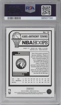 Karl-Anthony Towns from the 2023-24 Panini NBA Hoops set featuring a Hyper Green parallel graded by PSA and given an overall grade of 10.