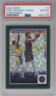 Karl-Anthony Towns from the 2023-24 Panini NBA Hoops set featuring a Hyper Green parallel graded by PSA and given an overall grade of 10.