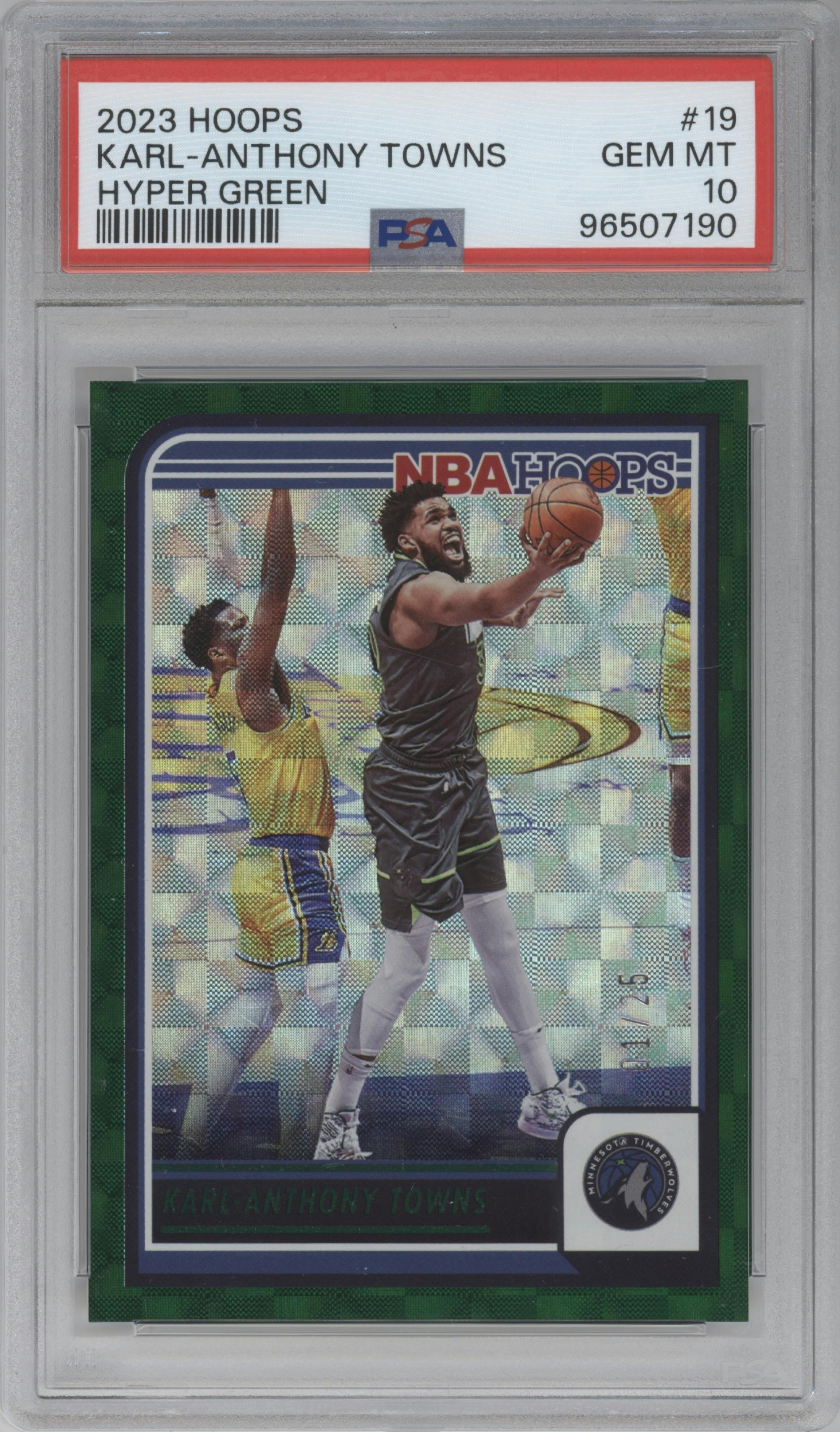 Karl-Anthony Towns from the 2023-24 Panini NBA Hoops set featuring a Hyper Green parallel graded by PSA and given an overall grade of 10.