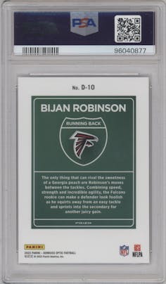 Bijan Robinson from the 2023 Donruss Optic set graded by PSA and given an overall grade of 10.