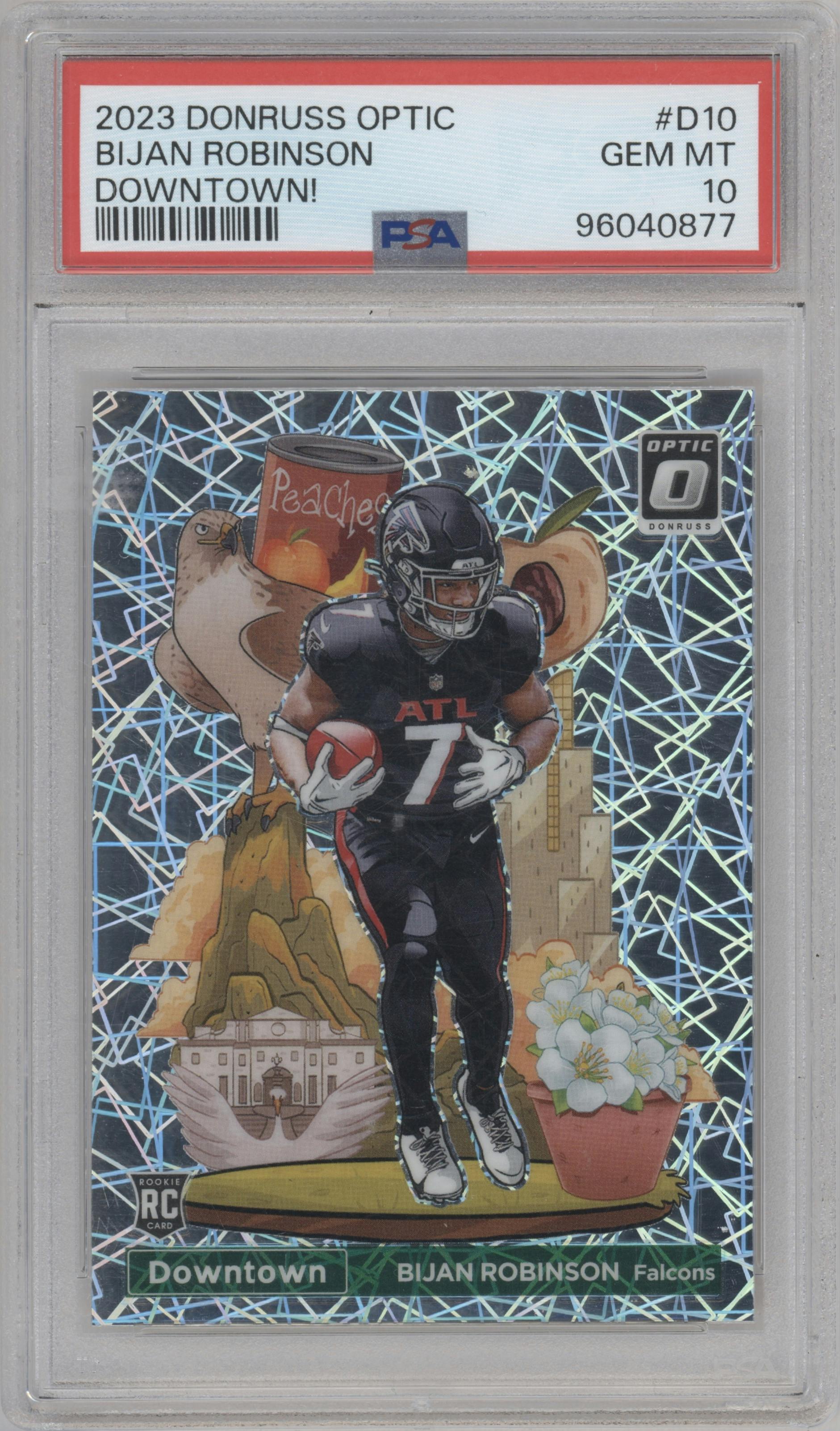 Bijan Robinson from the 2023 Donruss Optic set graded by PSA and given an overall grade of 10.