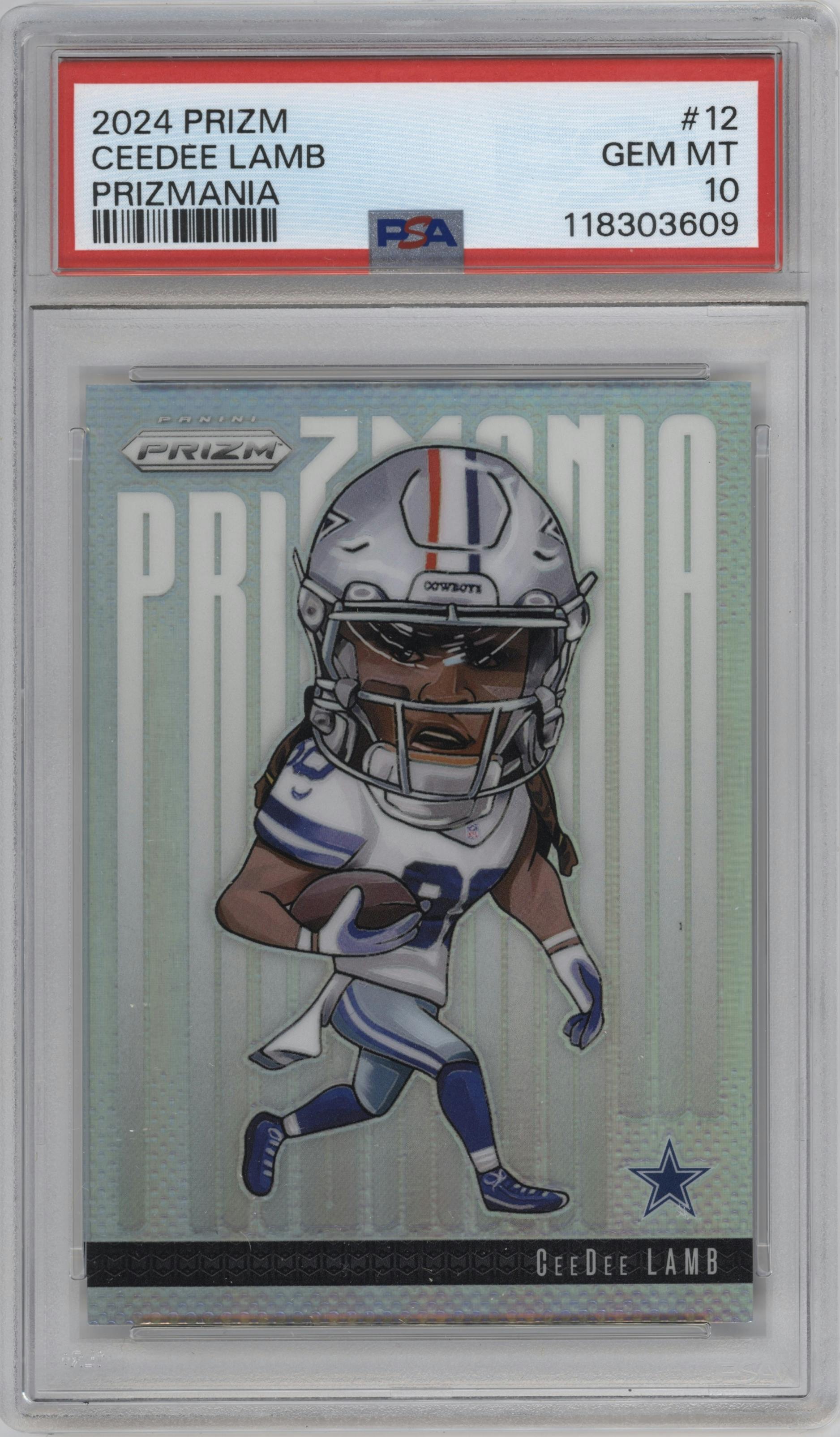 CeeDee Lamb from the 2024 Panini Prizm set graded by PSA and given an overall grade of 10.