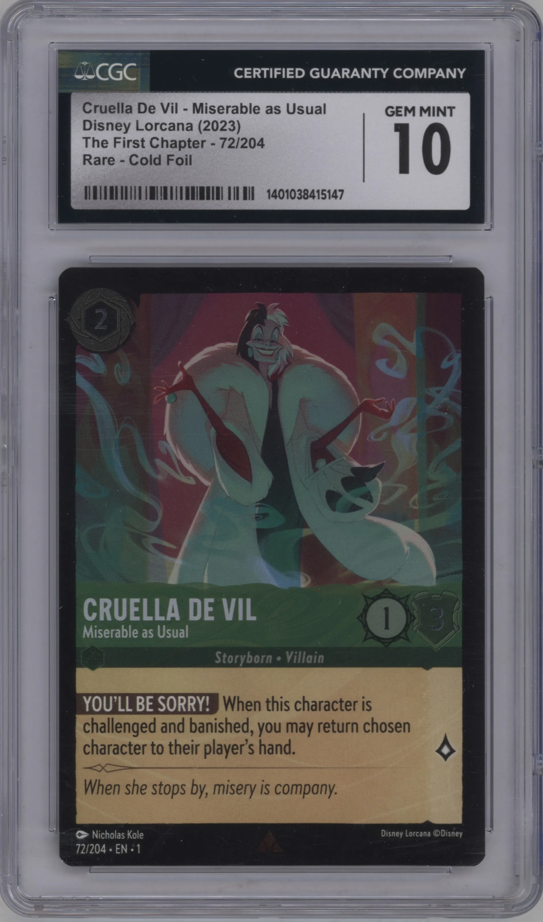 2023 Disney Lorcana The First Chapter Cruella De Vil Foil CGC 10