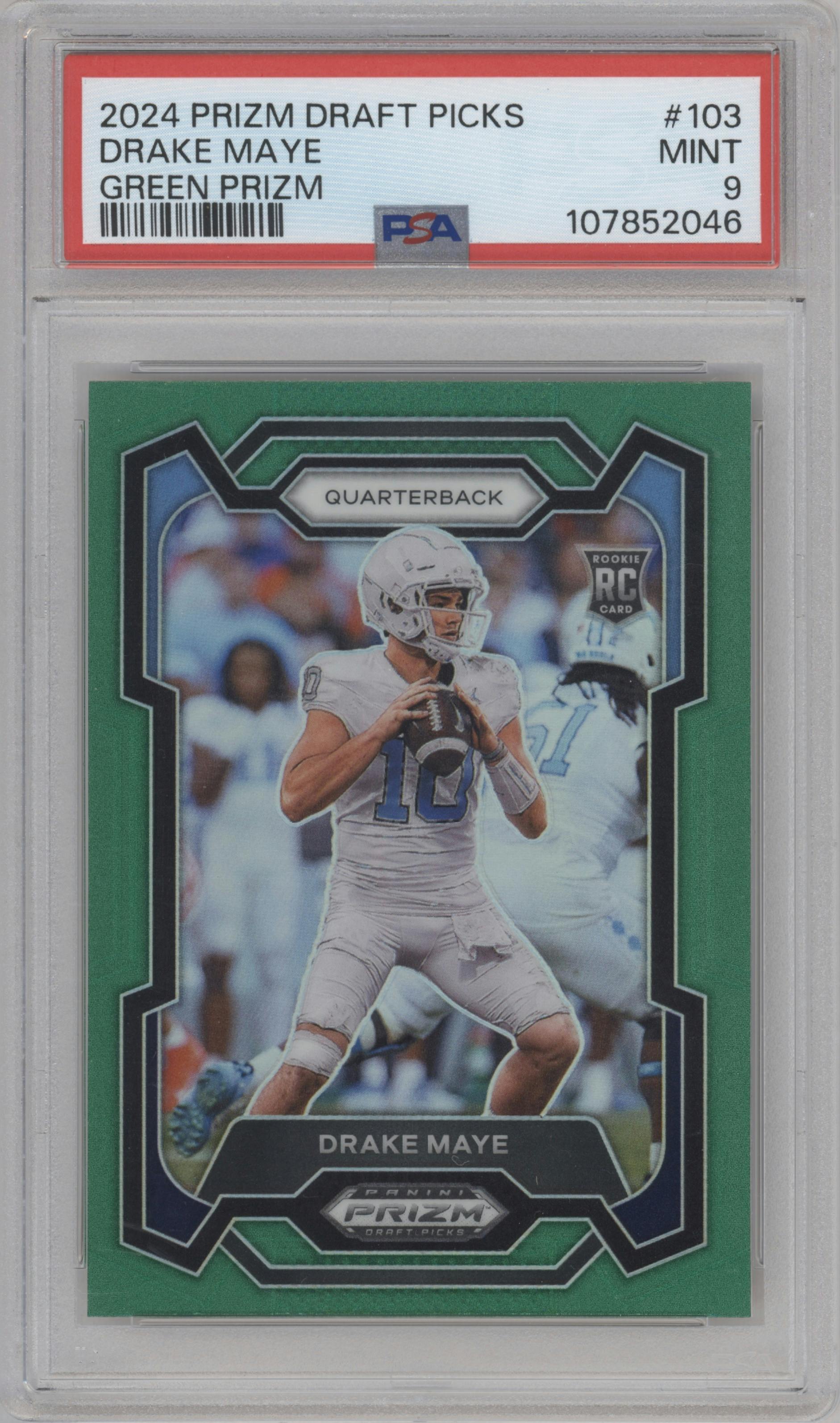 Drake Maye from the 2024 Panini Prizm Draft Picks set featuring a Green parallel graded by PSA and given an overall grade of 9.