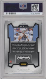 Drake Maye from the 2024 Panini Prizm Draft Picks set featuring a Green parallel graded by PSA and given an overall grade of 9.