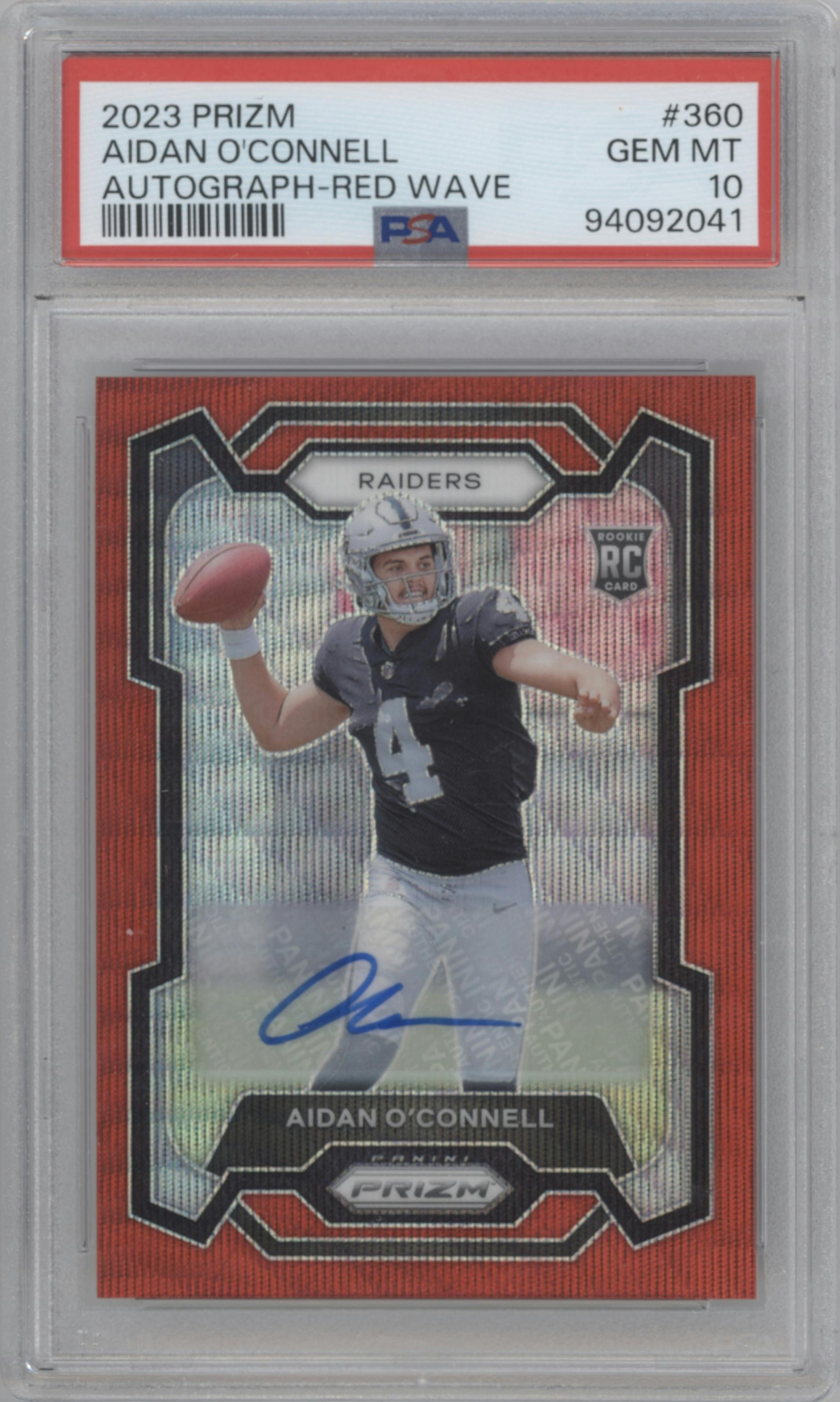 Aidan O'Connell from the 2023 Panini Prizm set featuring a Red Wave parallel graded by PSA and given an overall grade of 10.