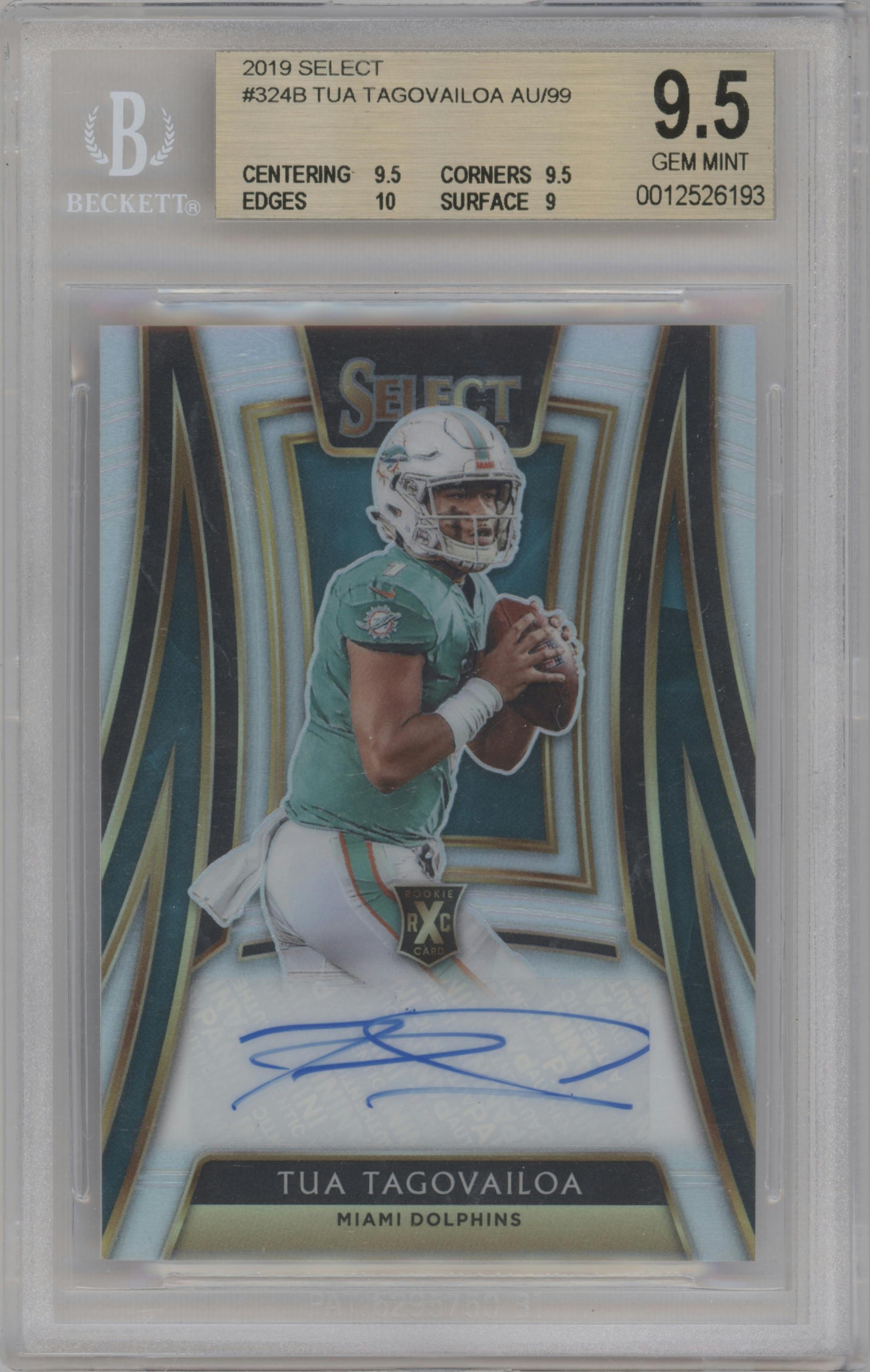 Tua Tagovailoa from the 2019 Panini Select  set graded by Beckett and given an overall grade of 9.5.