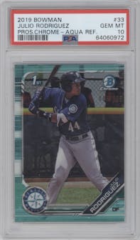 Julio Rodriguez from the 2019 Bowman  set featuring a Aqua Refractor parallel graded by PSA and given an overall grade of 10.
