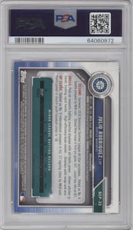 Julio Rodriguez from the 2019 Bowman  set featuring a Aqua Refractor parallel graded by PSA and given an overall grade of 10.