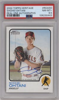 Shohei Ohtani from the 2022 Topps Heritage set graded by PSA and given an overall grade of 8.5.
