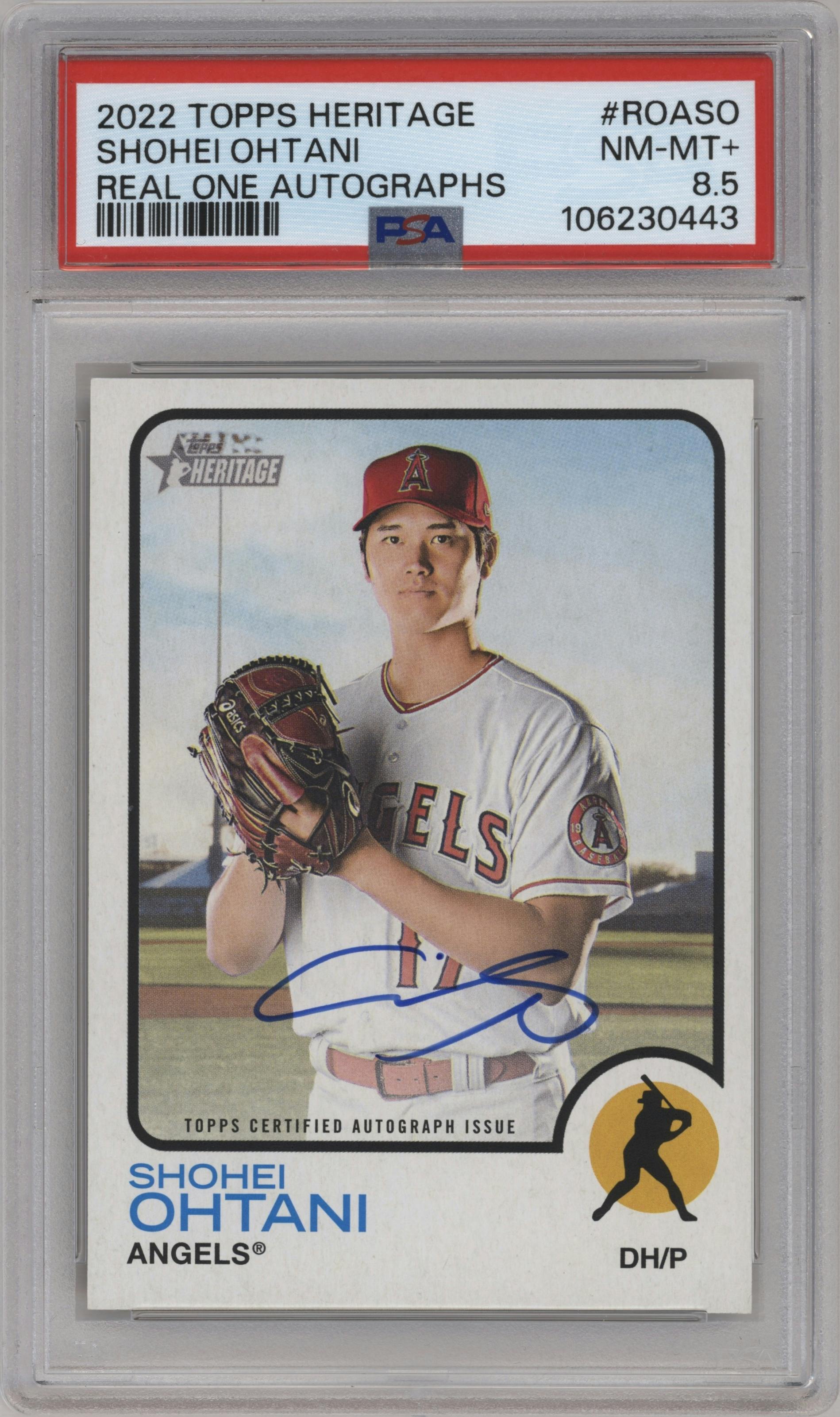 Shohei Ohtani from the 2022 Topps Heritage set graded by PSA and given an overall grade of 8.5.