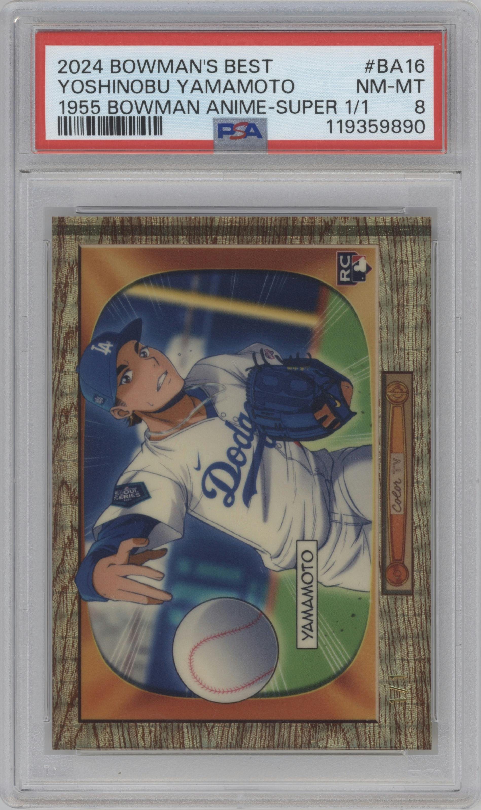 Yoshinobu Yamamoto from the 2024 Bowman's Best set featuring a SuperFractor parallel graded by PSA and given an overall grade of 8.