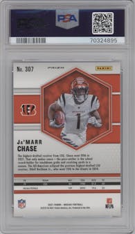 Ja'Marr Chase from the 2021 Panini Mosaic set featuring a Reactive Blue parallel graded by PSA and given an overall grade of 10.