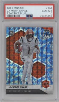 Ja'Marr Chase from the 2021 Panini Mosaic set featuring a Reactive Blue parallel graded by PSA and given an overall grade of 10.
