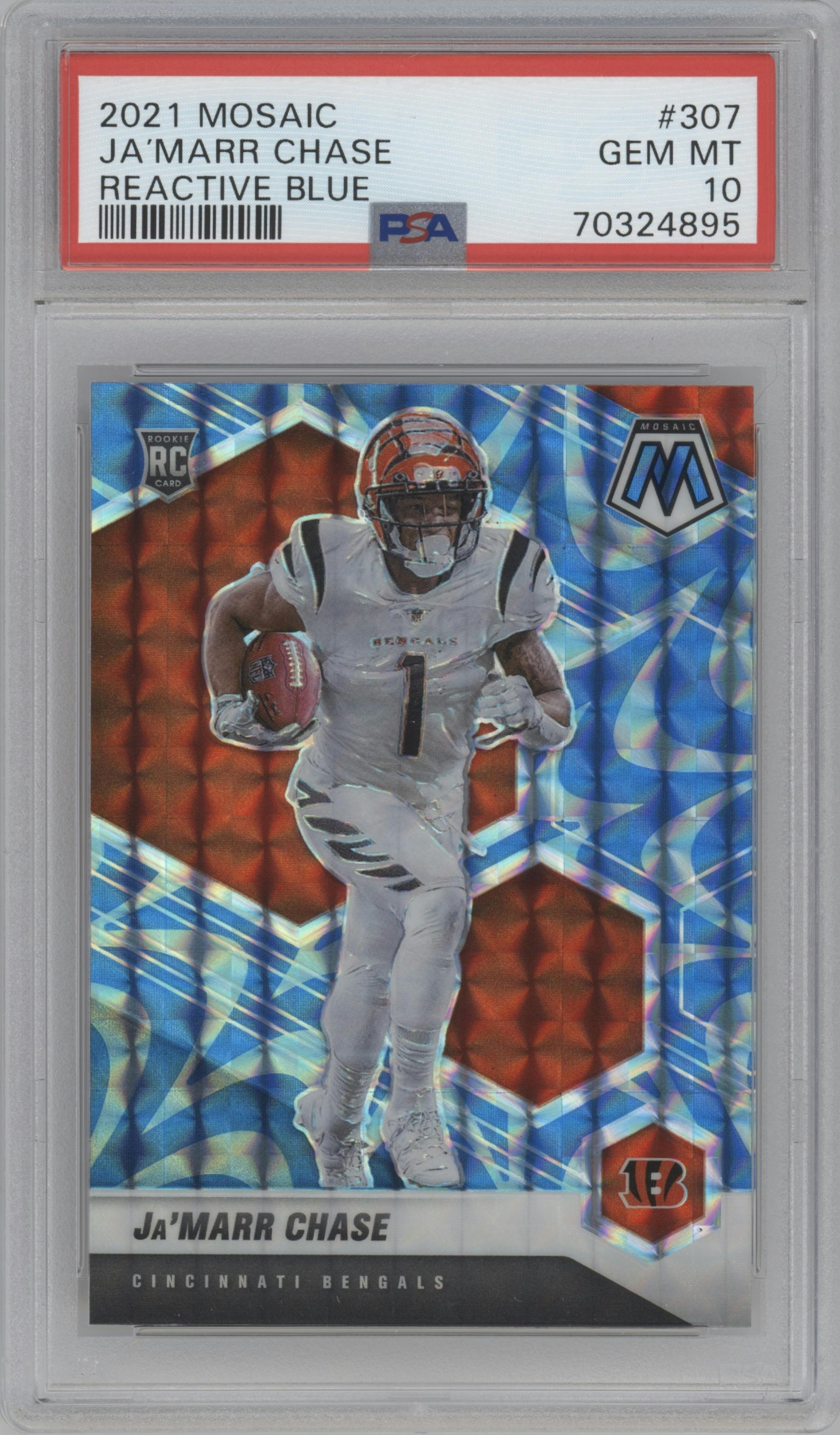 Ja'Marr Chase from the 2021 Panini Mosaic set featuring a Reactive Blue parallel graded by PSA and given an overall grade of 10.