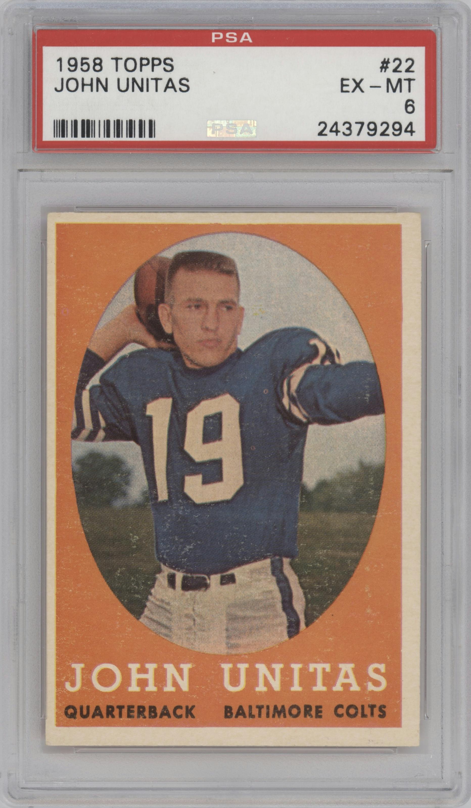John Unitas from the 1958 Topps set graded by PSA and given an overall grade of 6.