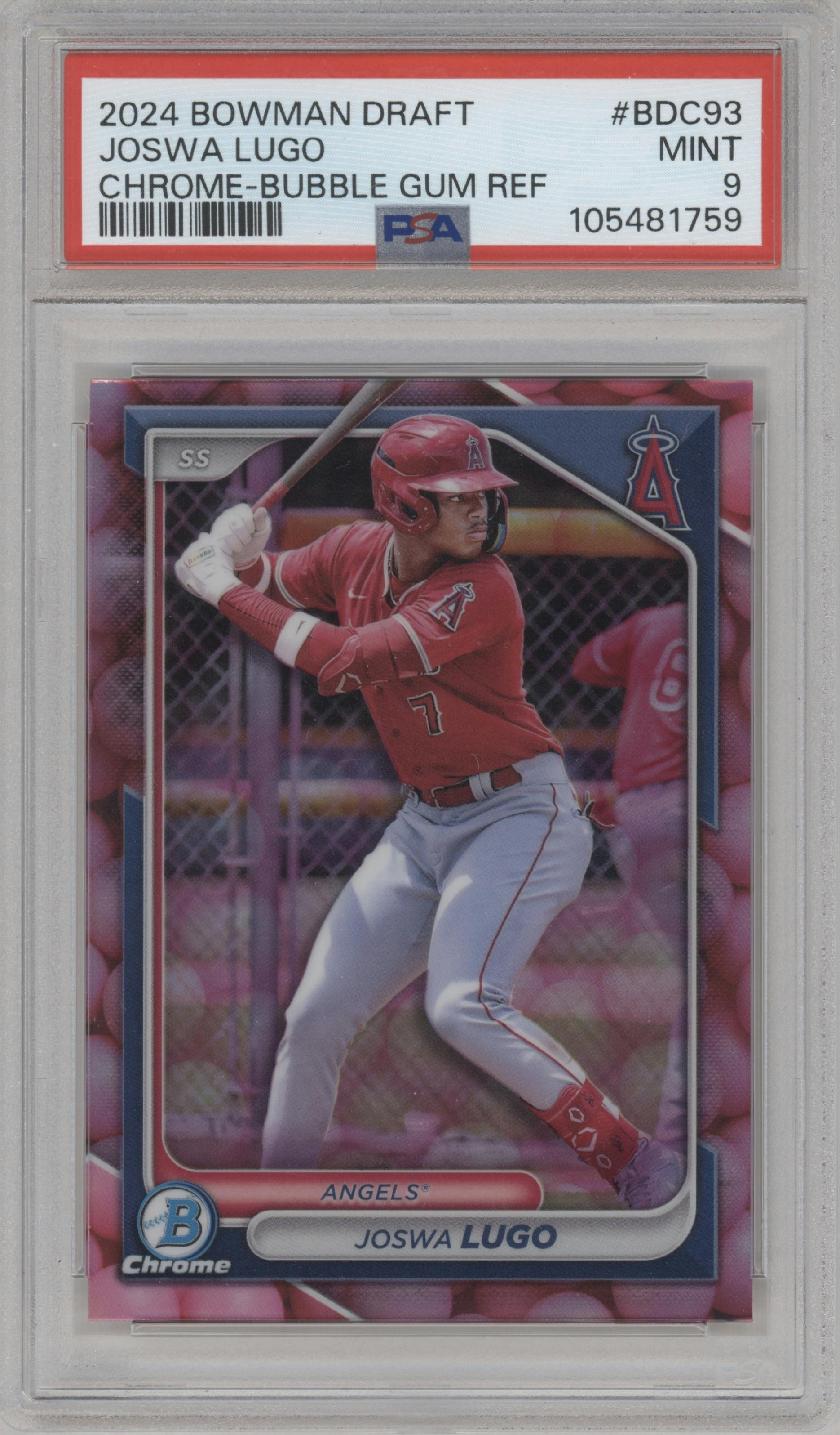 Joswa Lugo from the 2024 Bowman Draft set featuring a Bubble Gum Refractor parallel graded by PSA and given an overall grade of 9.
