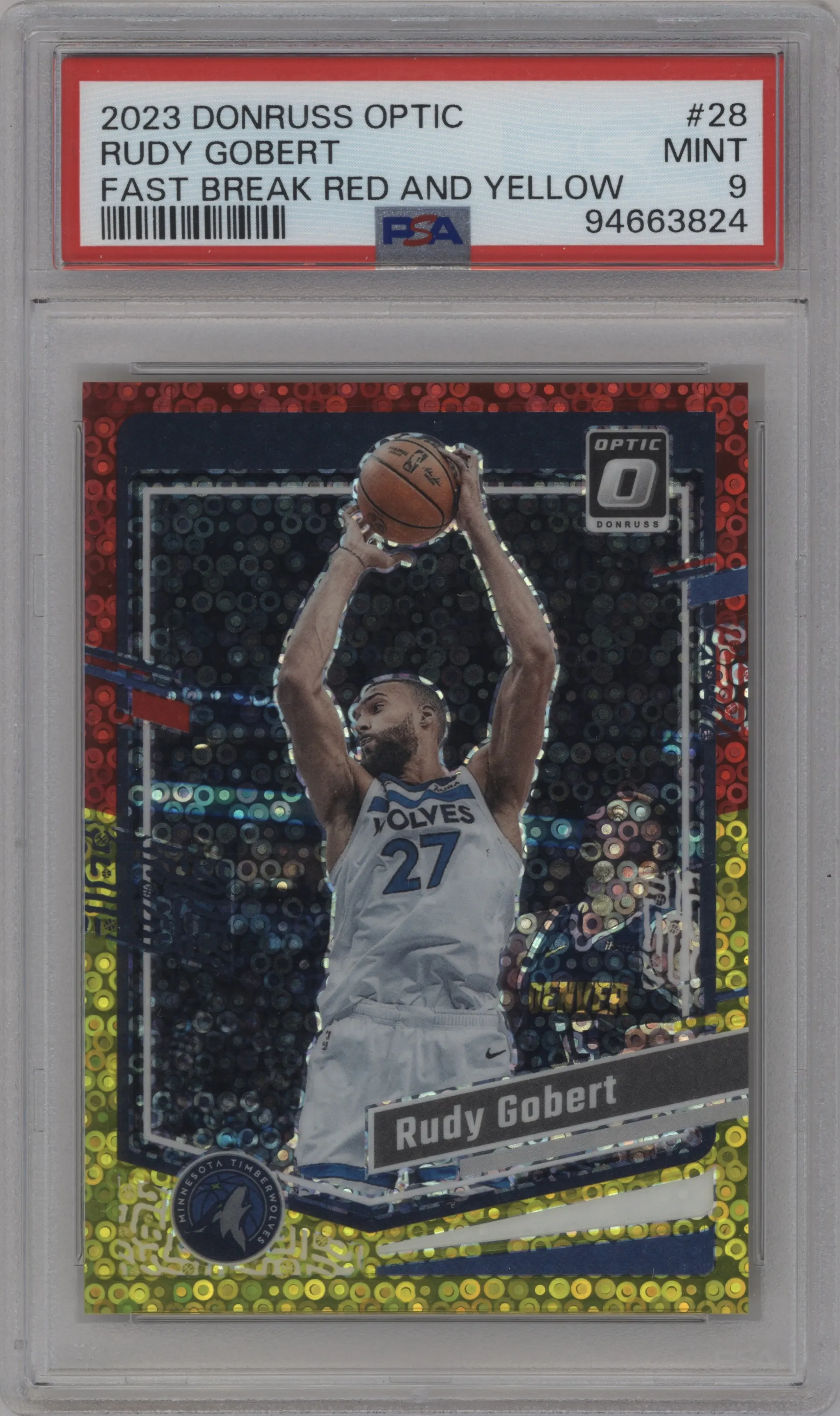 2023 Donruss Optic Rudy Gobert Fast Break Red/Yellow #28 PSA 9