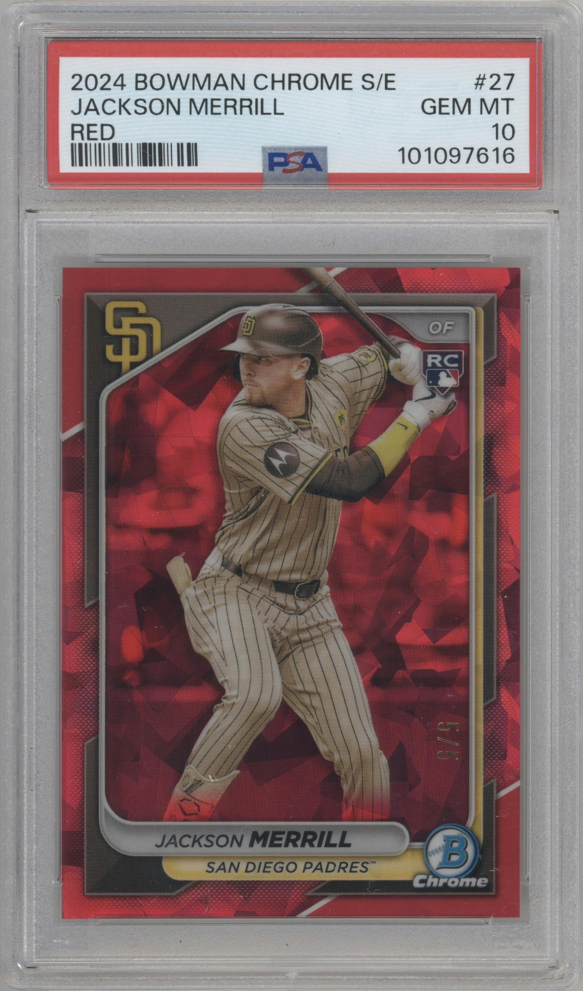 Jackson Merrill from the 2024 Bowman Chrome Sapphire set featuring a Red parallel graded by PSA and given an overall grade of 10.