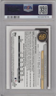 Jackson Merrill from the 2024 Bowman Chrome Sapphire set featuring a Red parallel graded by PSA and given an overall grade of 10.