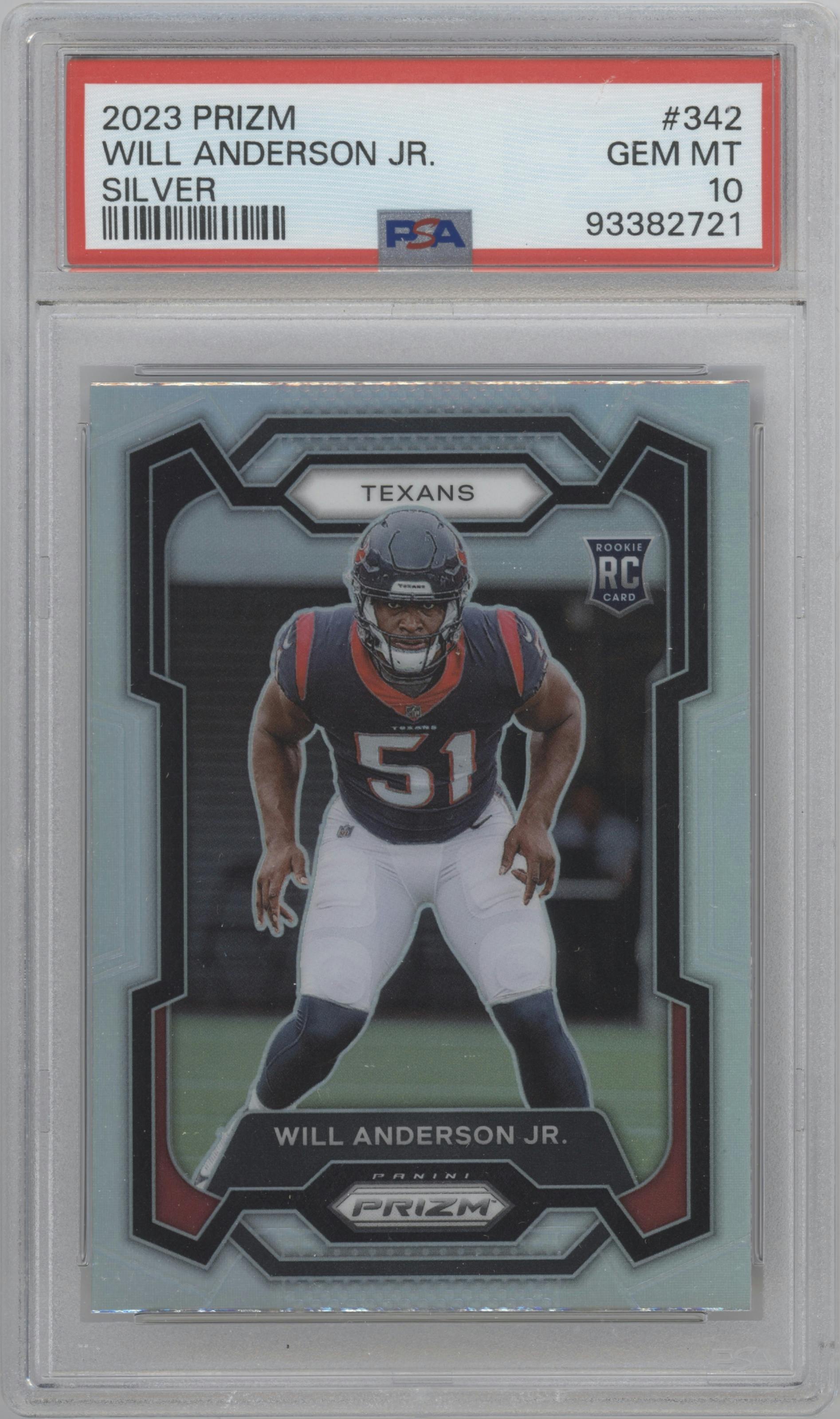 Will Anderson Jr. from the 2023 Panini Prizm set featuring a Silver Prizm parallel graded by PSA and given an overall grade of 10.