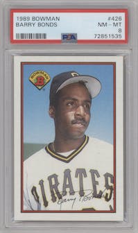 Barry Bonds from the 1989 Bowman set graded by PSA and given an overall grade of 8.