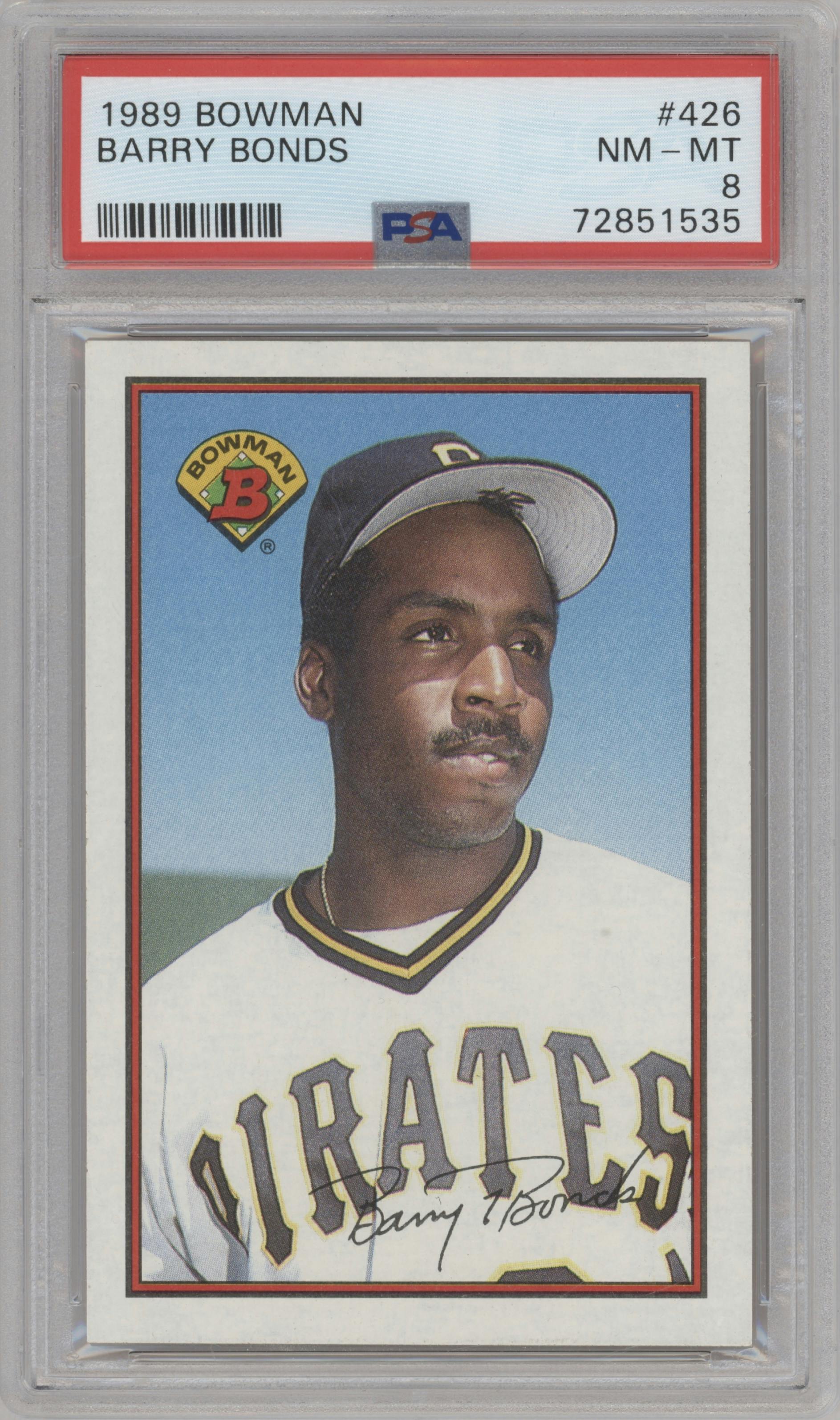 Barry Bonds from the 1989 Bowman set graded by PSA and given an overall grade of 8.
