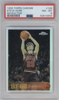 Steve Kerr from the 1996-97 Topps Chrome set featuring a Refractor parallel graded by PSA and given an overall grade of 8.
