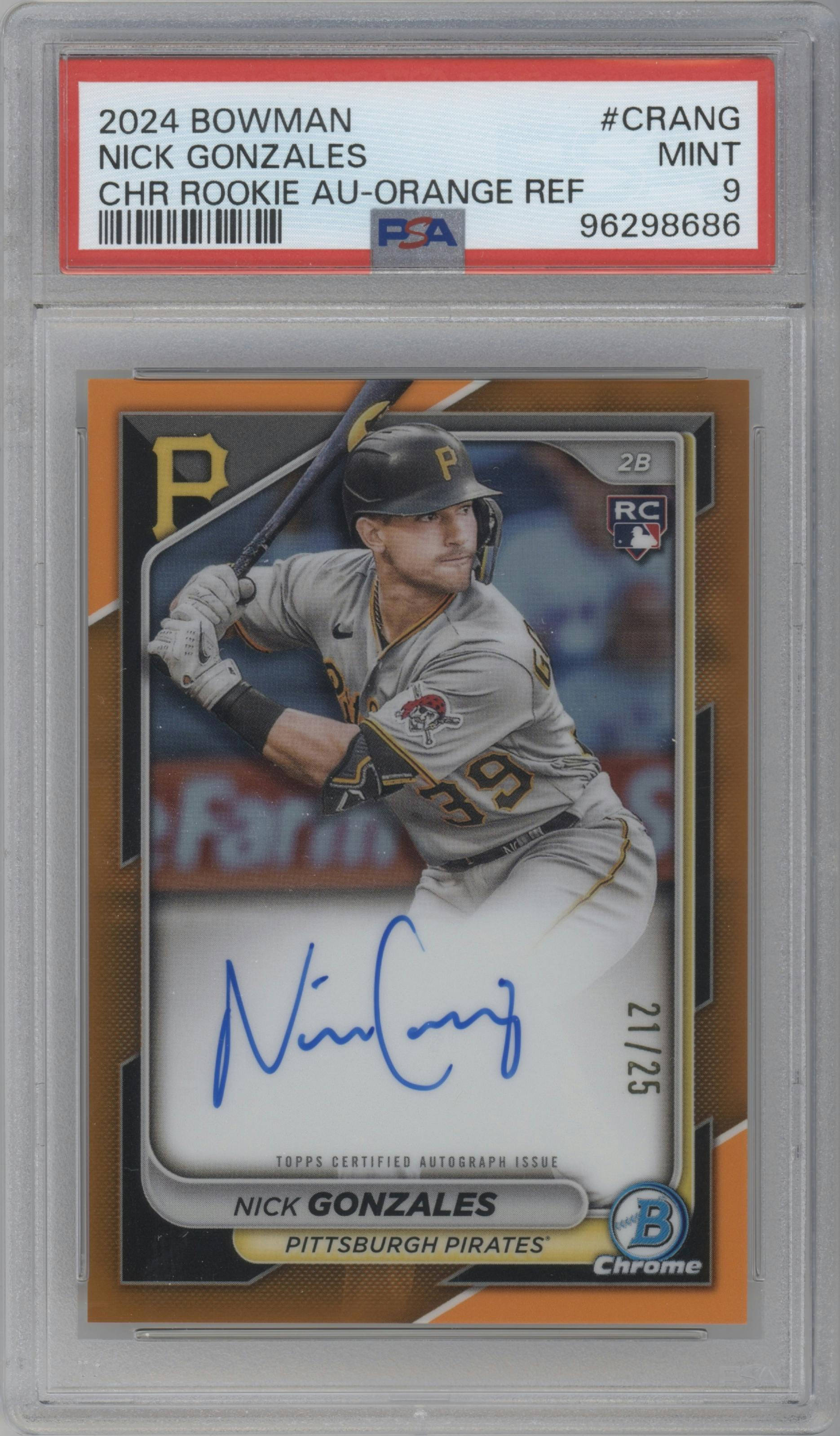 Nick Gonzales from the 2024 Bowman set featuring a Orange Refractor parallel graded by PSA and given an overall grade of 9.
