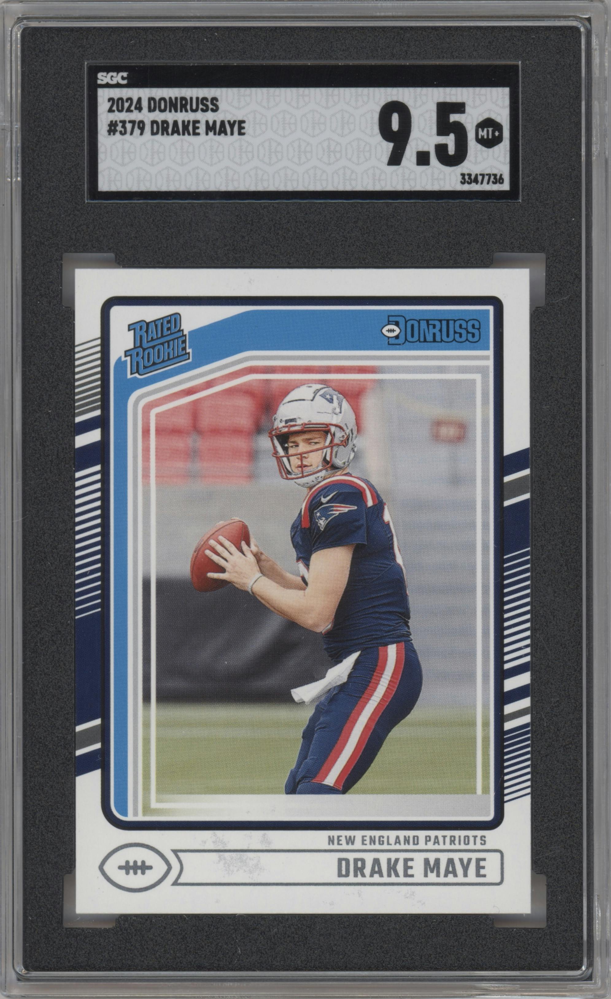 Drake Maye from the 2024 Donruss set graded by SGC and given an overall grade of 9.5.