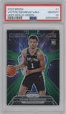 Victor Wembanyama from the 2023-24 Panini Prizm set featuring a Green Prizm parallel graded by PSA and given an overall grade of 10.