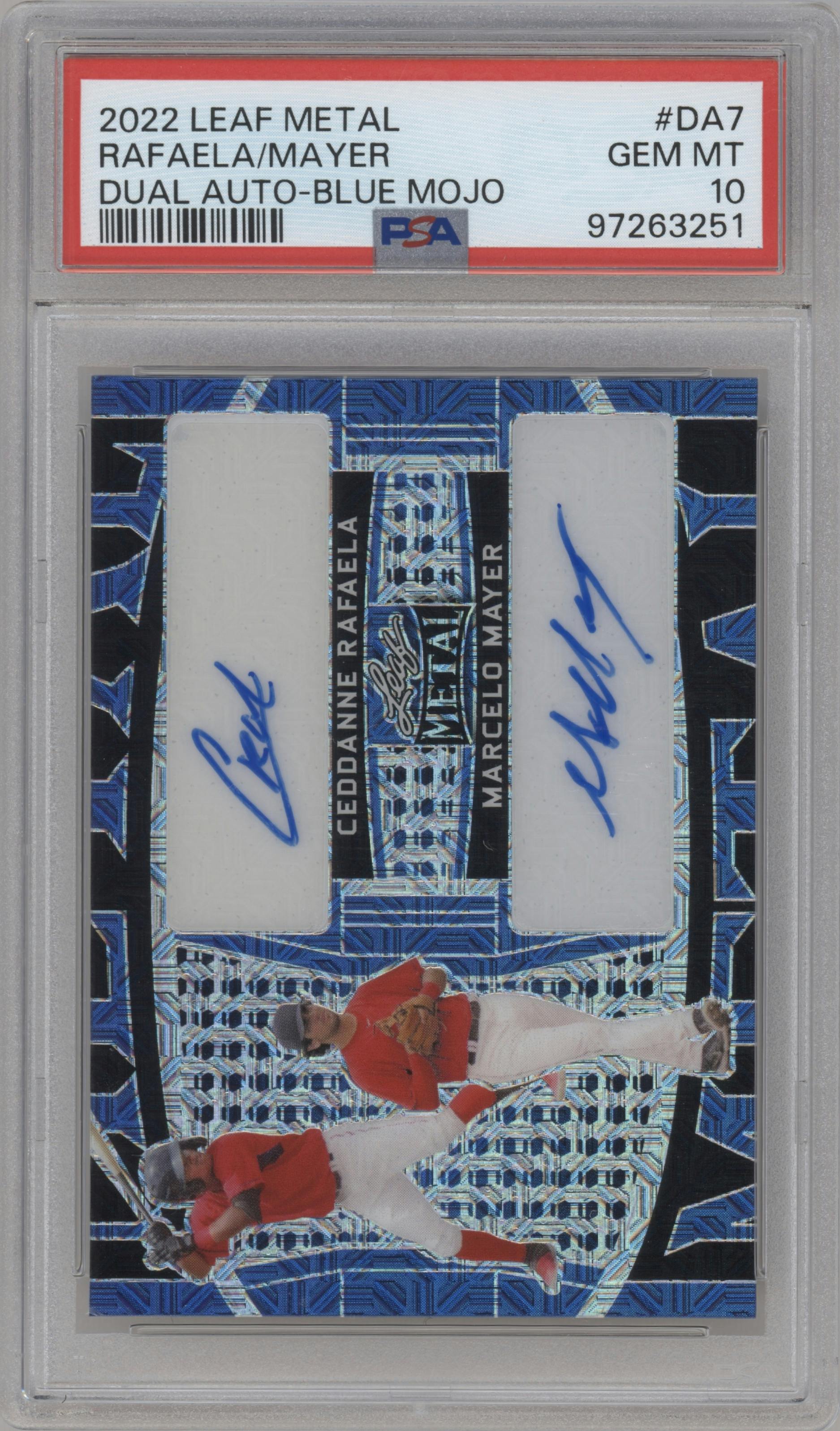 Ceddanne Rafaela/Marcelo Mayer from the 2022 Leaf Metal set featuring a Blue Mojo parallel graded by PSA and given an overall grade of 10.